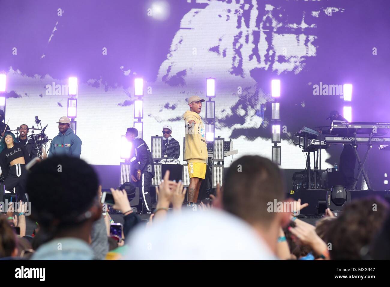 New York, NY, USA. 3rd June, 2018. Pharrell Williams of N.E.R.D. on stage for 2018 Governors Ball Music Festival - SUN, Randall's Island Park, New York, NY June 3, 2018. Credit: Rob Kim/Everett Collection/Alamy Live News Stock Photo