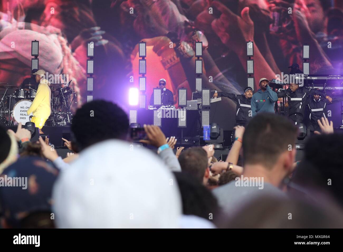 New York, NY, USA. 3rd June, 2018. Pharrell Williams of N.E.R.D. on stage for 2018 Governors Ball Music Festival - SUN, Randall's Island Park, New York, NY June 3, 2018. Credit: Rob Kim/Everett Collection/Alamy Live News Stock Photo