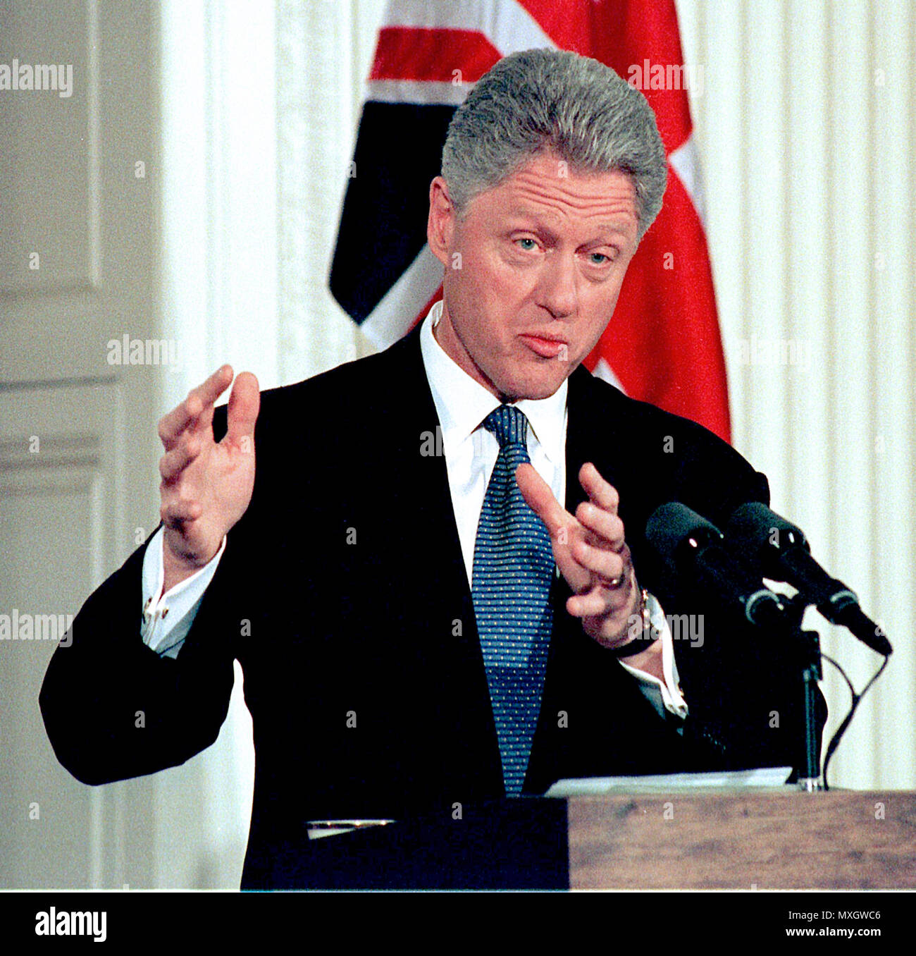***FILE PHOTO*** Bill Clinton Has Not Apologized To Monica Lewinsky And Claims Did The Right Thing Staying In Office.  United States President Bill Clinton gestures as he answers a reporter's question during his joint press confrence with Prime Minister Tony Blair of Great Britain in the East Room of the White House in Washington, DC on February 6, 1998. Credit: Ron Sachs / CNP/ MediaPunch Stock Photo