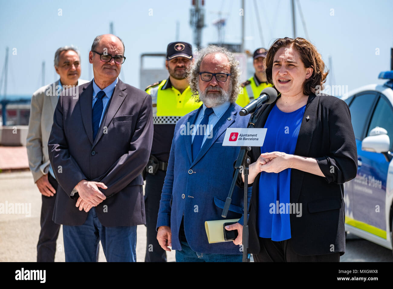 Barcelona, Catalonia, Spain. 4th June, 2018. The mayor Ada Colau is seen during the presentation of the new fleet of vehicles for the GuÃ rdia Urbana de Barcelona.With the presence of Mayor Ada Colau and the security commissioner Amadeu Recasens, the presentation of the new patrol vehicle fleet of the Guardia Urbana de Barcelona Police has taken place. The investment was 12.6 million euros. The new vehicles with a hybrid system allow a fuel saving of 608 euros per vehicle per year. These new cars are equipped with new communication technology and cameras with license plate recognition. Likew Stock Photo