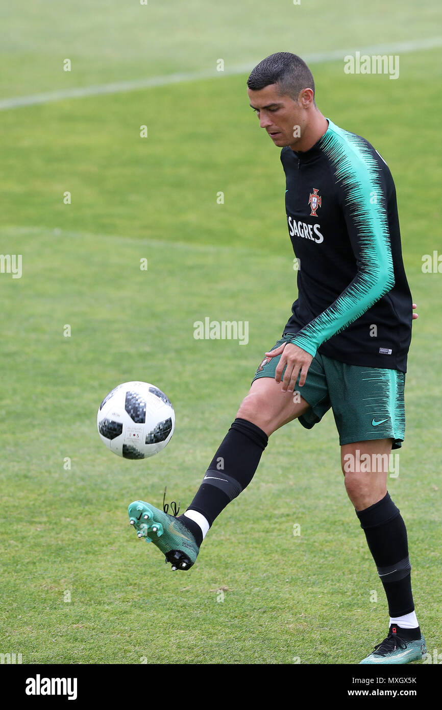 Lisbon, Portugal. 4th June, 2018. Portugal's forward Cristiano Ronaldo in  action during a training session at Cidade do Futebol (Football City) training  camp in Oeiras, outskirts of Lisbon, on June 4, 2018,