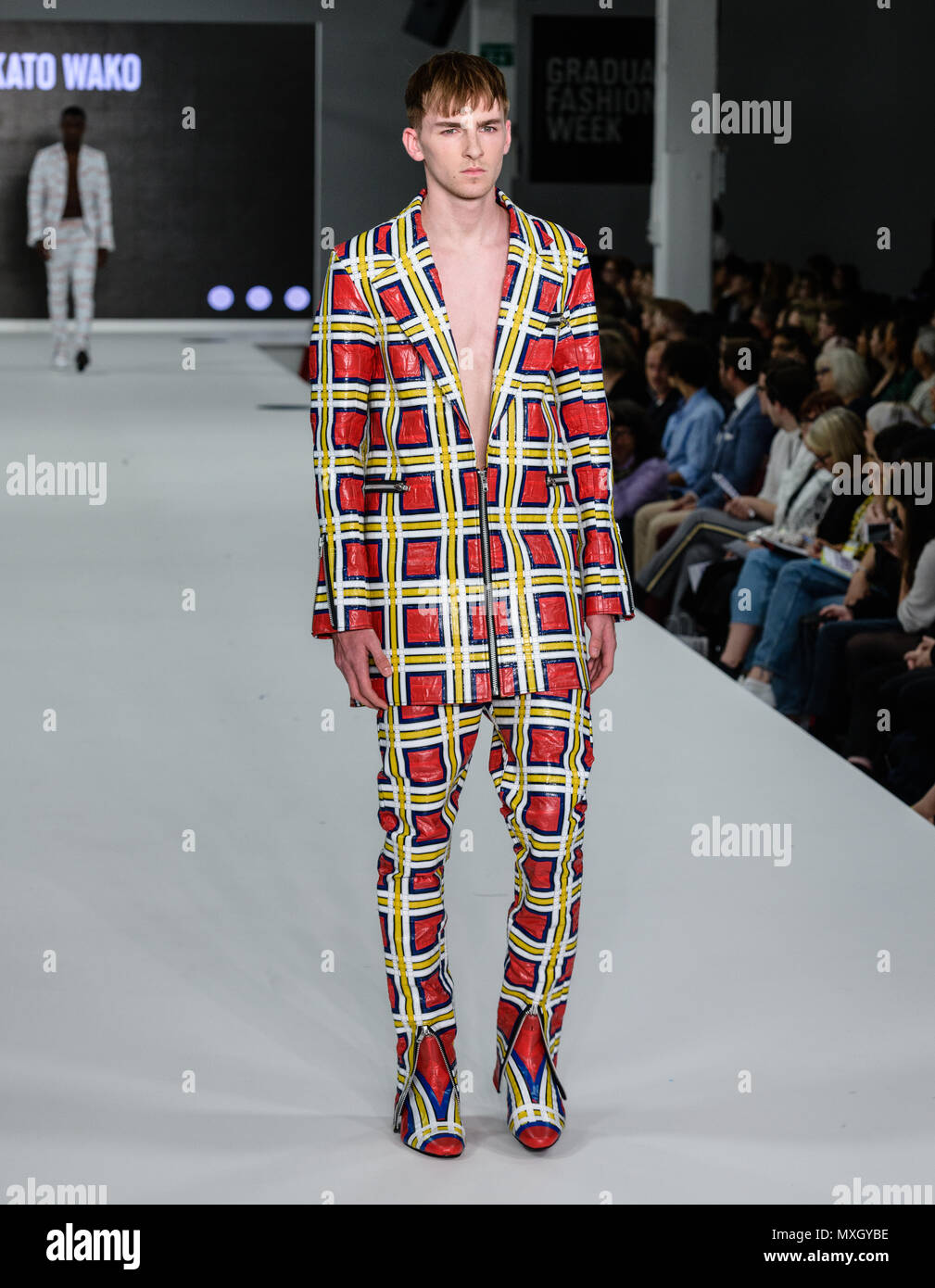 Takato Wako's brilliant Vynl Mens Collection at Nottingham Trents show at Graduate Fashion Week in London 2018 Credit: Marc Wainwright Photography/Alamy Live News Stock Photo
