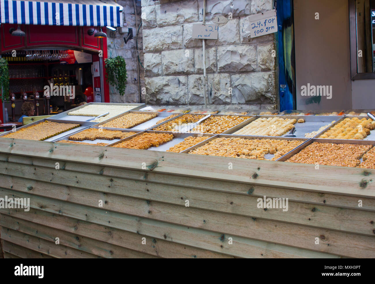 9 May 2018 A large and colourful selection of sweet bread and pastries   on sale at a stall at the Mahane Yehuda covered market in Jerusale4m Israel Stock Photo