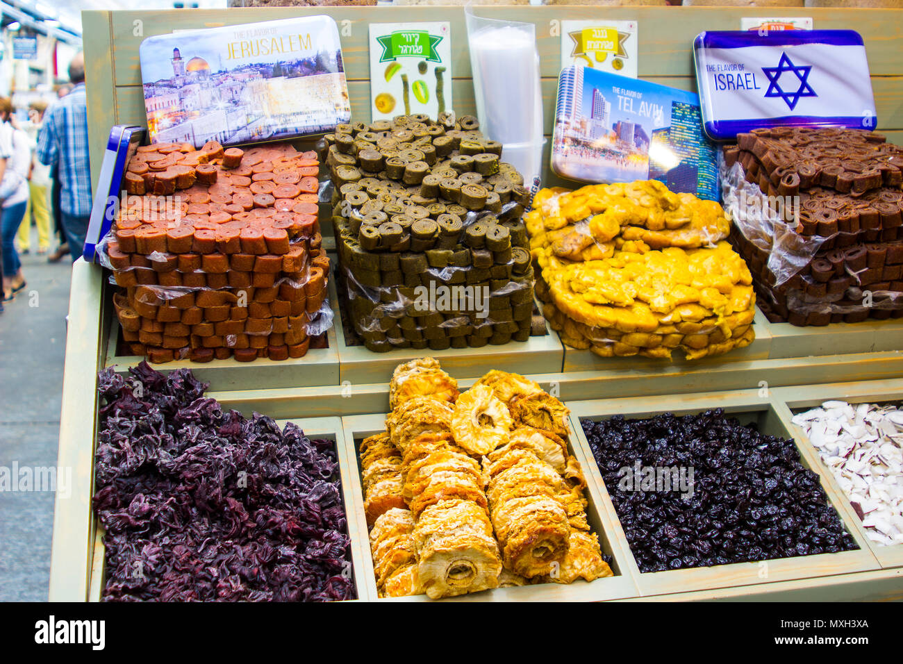 9 May 2018 A large range of confectionary on display at a vendor's stall at the Mahane Yehuda covered street market in Jerusalem Israel Stock Photo