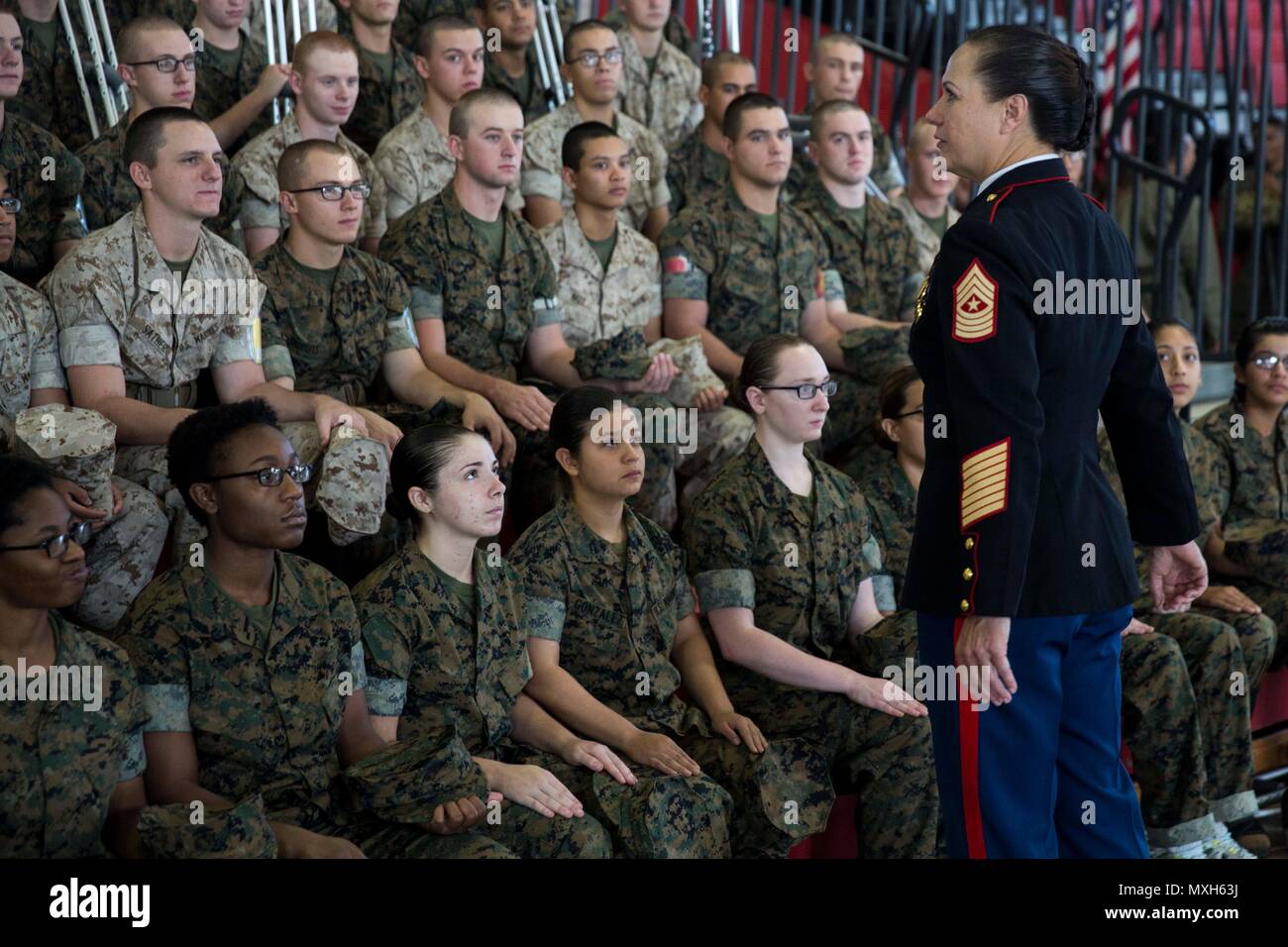 U S Marine Corps Sgt Maj Angela M Maness Sergeant Major Marine Corps Recruit Depot Parris Island Mcrdpi Eastern Recruiting Region Speaks With Recruits Attending The Annual Mcrdpi Birthday Pageant At The All Weather - usmc mcrd parris island south carolina roblox