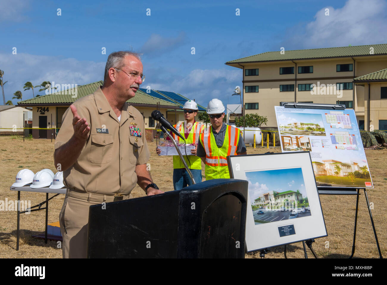 161108-N-YW024-022 KANEOHE BAY, Hawaii (Nov. 8, 2016)  Rear Adm. Bruce Gillingham, commander, Navy Medicine West, San Diego, delivers opening remarks during a groundbreaking ceremony for Naval Medical and Dental Replacement Clinic at Marine Corps Base Hawaii (MCBH). The new medical and dental clinic will provide Navy Medicine and Marine Forces Medical personnel with state-of-the-art working spaces to keep the Navy and Marine Corps operational forces ready, healthy and on the job. (U.S. Navy photo by Petty Officer 2nd Class Katarzyna Kobiljak) Stock Photo