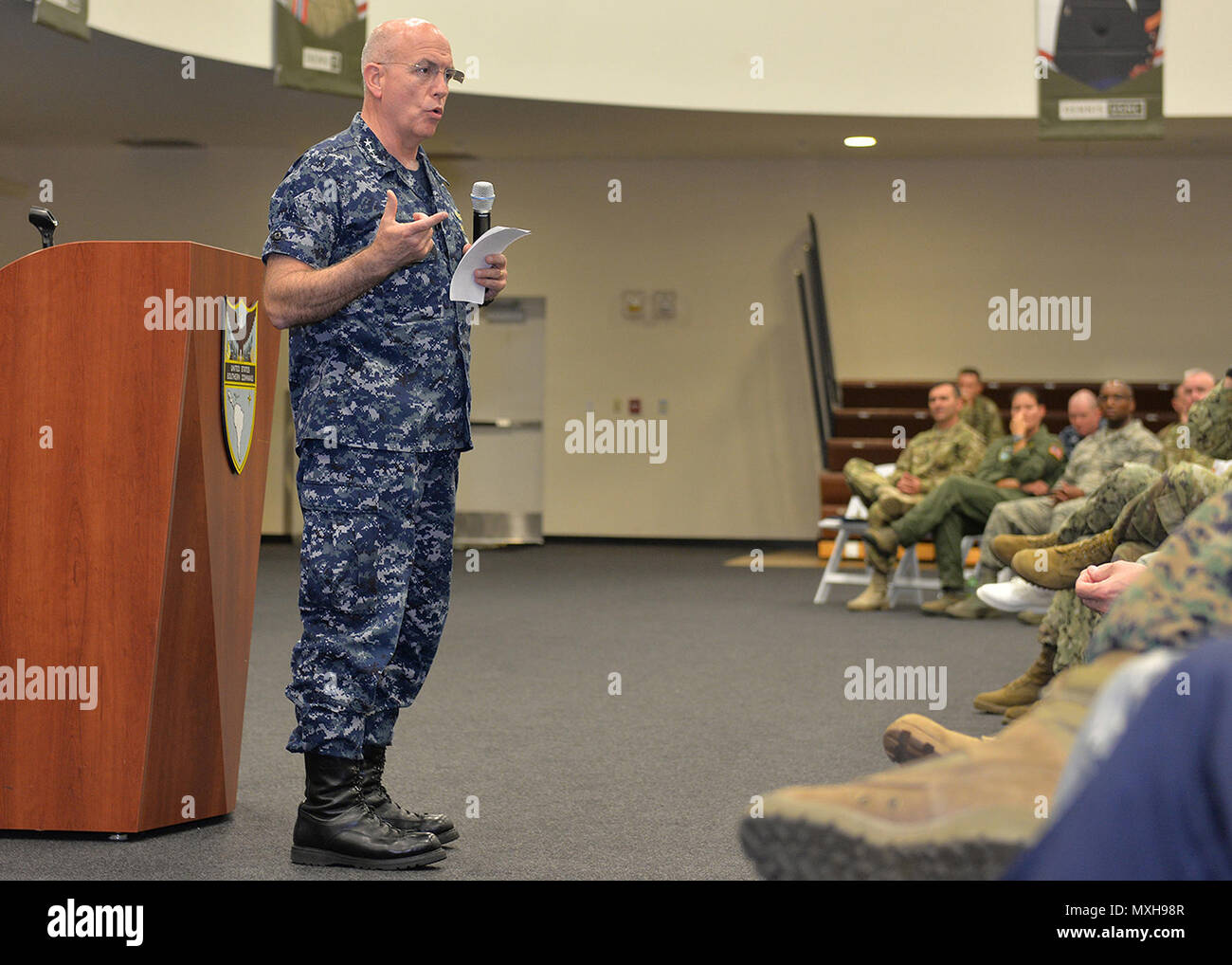 Commander of U.S. Southern Command, Adm. Kurt Tidd, USN, addresses an