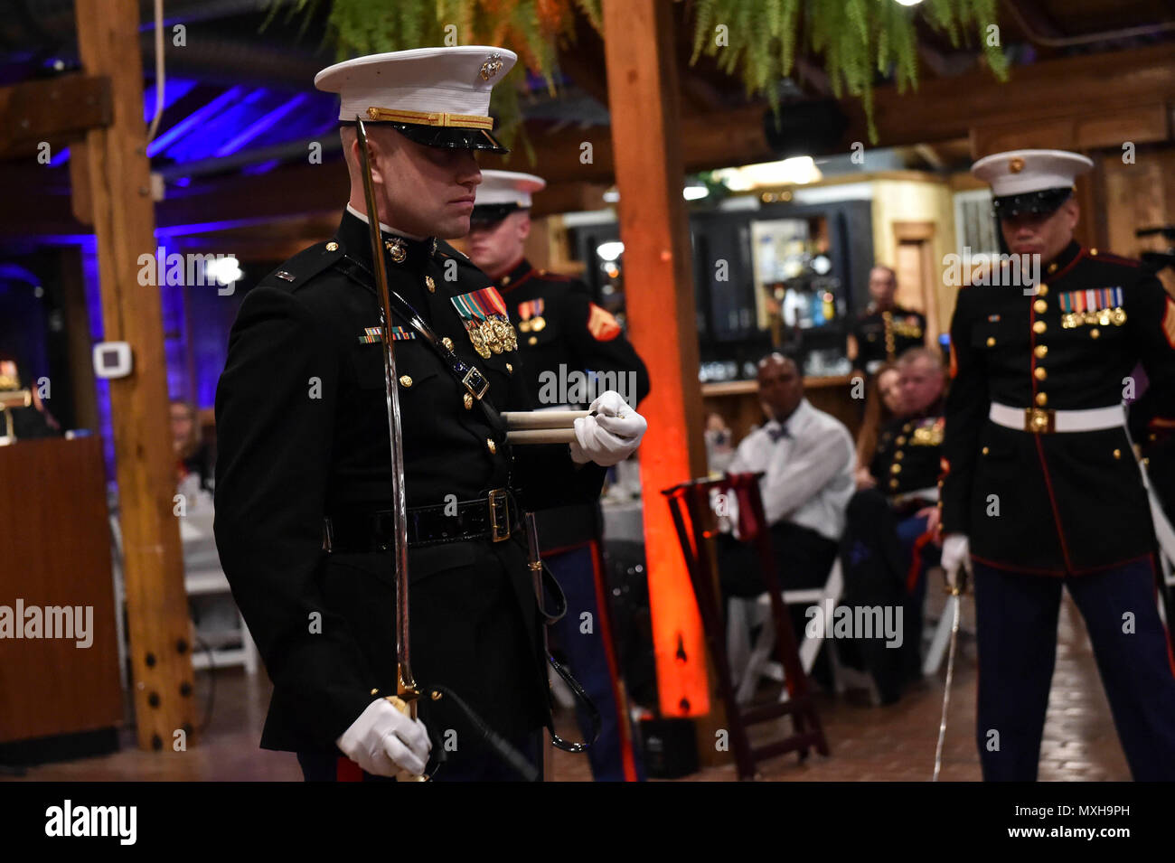 161104-N-OO032-147 POULSBO, Wash. (Nov. 4, 2016) Marine Corps 1st Lt. Derik Henderson, Marine Corps Security Force Battalion-Bangor adjutant, finishes reading Maj. Gen. John Lejeune's General Order 47 during the 241st United States Marine Corps birthday ball hosted by the battalion at the Kiana Lodge. Maj. Gen. John Lejeune issued General Order 47 on November 1, 1921, for Marines to commemorate the establishment of the Continental Marines — November 10, 1775. (U.S. Navy photo by Petty Officer 1st Class Cory Asato/Released) Stock Photo