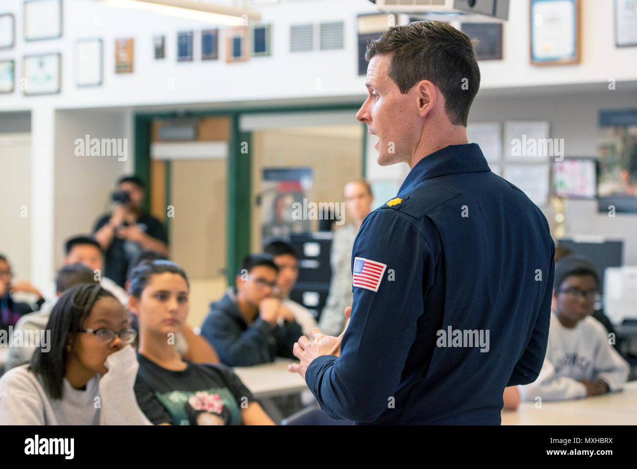 U.S. Air Force Maj. Ryan Bodenheimer, United States Air Force Thunderbirds  pilot #2 speaks with JROTC students at Vanden High School, Fairfield,  Calif., May 5, 2017. The Thunderbirds are performing in the