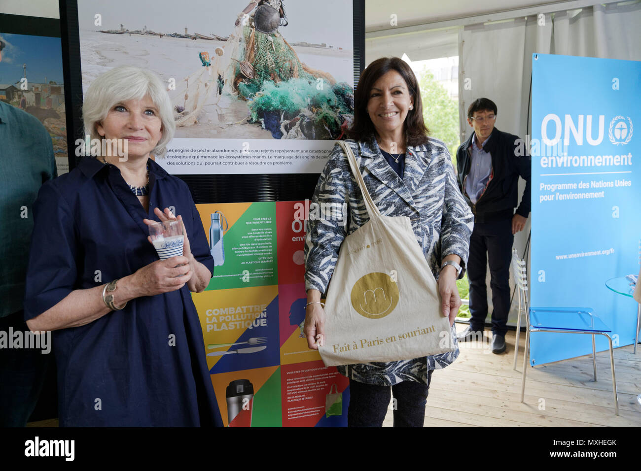 Paris, France. 2 June, 2018. Laurence Tubiana and Anne Hidalgo, Mayor of Paris attend Biodiversiterre, created by the artist Gad Weil. Stock Photo