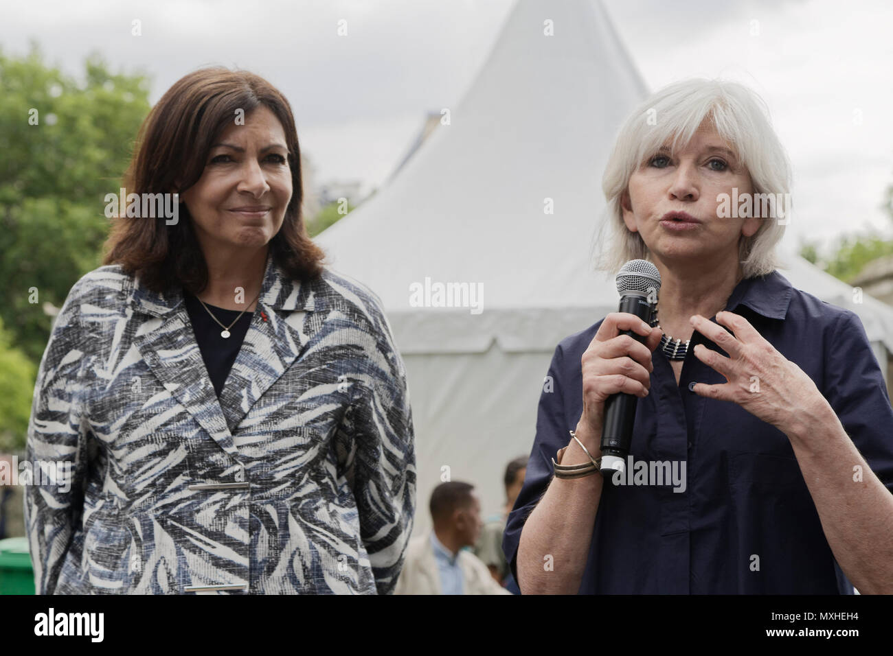 Paris, France. 2 June, 2018. Anne Hidalgo, Mayor of Paris and Laurence Tubiana attend Biodiversiterre created by the artist Gad Weil. Stock Photo