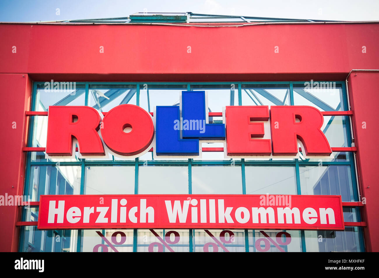 HEUCHELHEIM, Germany - March 25, 2018: Roller logo on a store. Roller is a German furniture discounter based in Gelsenkirchen Stock Photo
