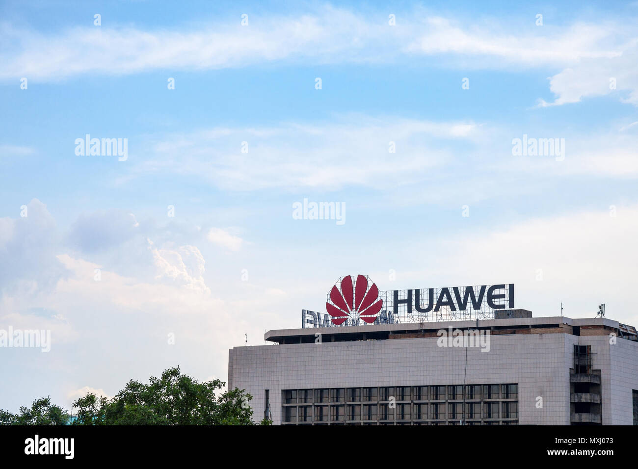 BELGRADE, SERBIA - MAY 25, 2018: Huawei logo on their office for Serbia in Belgrade. Huawei Technologies is a Chinese networking and telecommunication Stock Photo