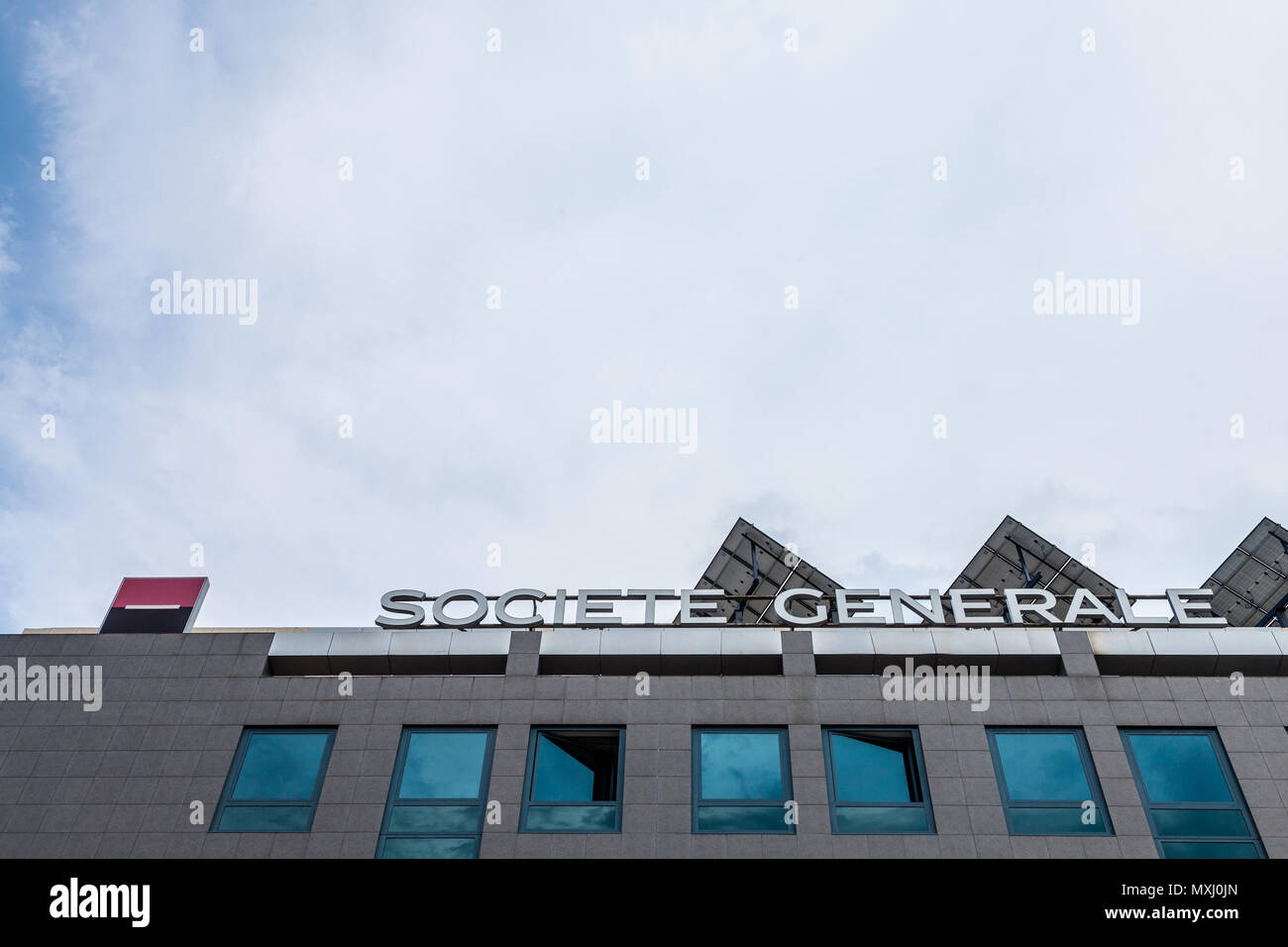 BELGRADE, SERBIA - MAY 25, 2018: Logo of Societe Generale on their main office for erbia (also called Societe generale Srbija) in Belgrade. Societe Ge Stock Photo