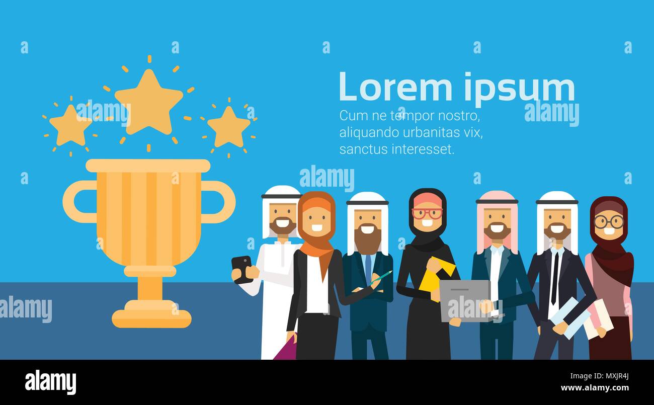 arabic business people team with golden prize winner cup over blue ...