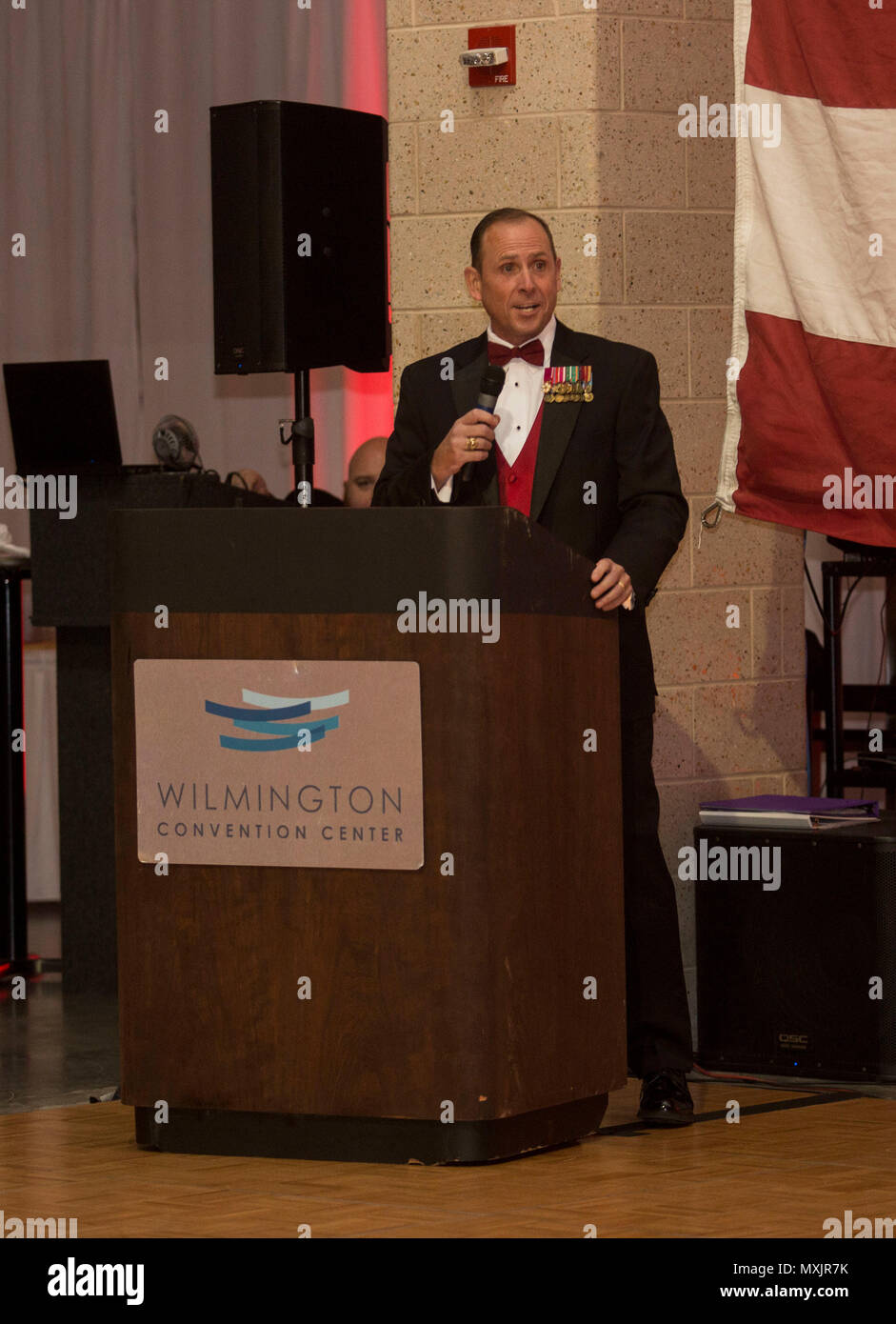 Retired U.S. Marine Corps Sgt. Maj. Scott L. Theakston, gives a speech during the Headquarters Battalion, 2d Marine Division 241st Marine Corps Birthday Ball, Wilmington Convention Center, Wilmington, N.C., Nov. 12, 2016. The Marine Corps has carried 241 years of traditions, values and standards since its establishment in 1775. (U.S. Marine Corps photo by Lance Cpl. Ursula V. Estrella) Stock Photo