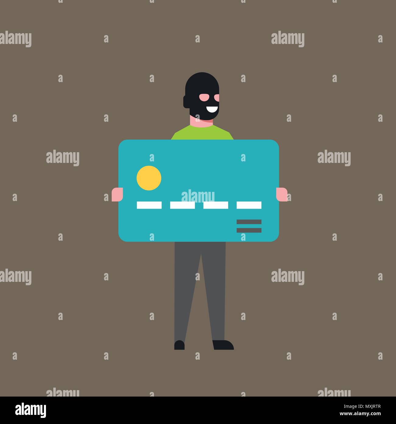 Thief Hold Bank Credit Card Man In Mask Stolen Money Cash Account Hacker Activity Concept Viruses Data Privacy Attack Flat Stock Vector