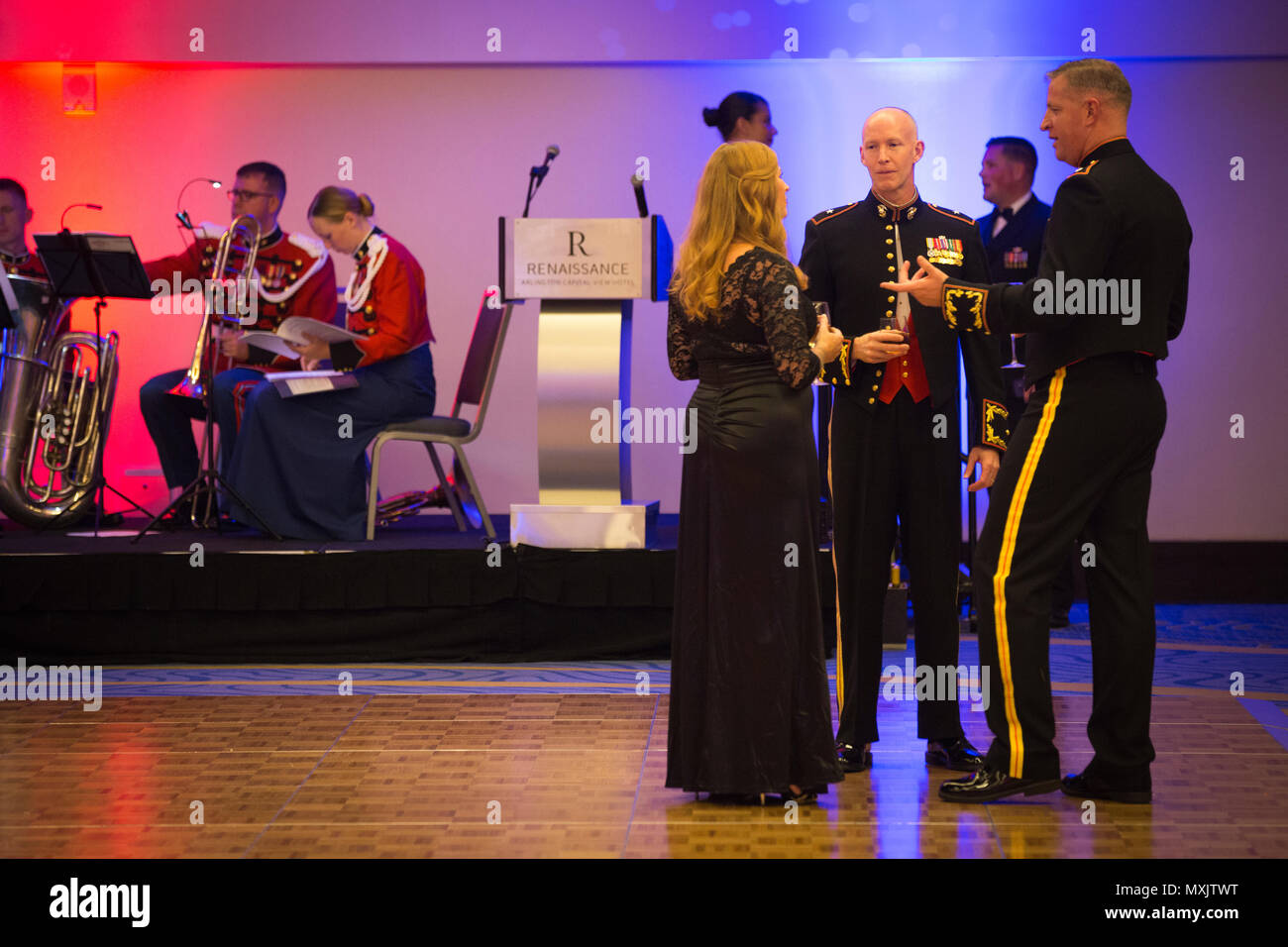 U.S. Marine Corps Brig. Gen. James F. Glynn, director, Office of United State Marine Corps Communication, speaks with guests during the Headquarters & Service Battalion Marine Corps Ball at the Renaissance Arlington Capitol View Hotel, Arlington, Va., Nov. 05, 2016. The ball was held in celebration of the Marine Corps’ 241st birthday. (U.S. Marine Corps photo by Pfc. Alex A. Quiles) Stock Photo