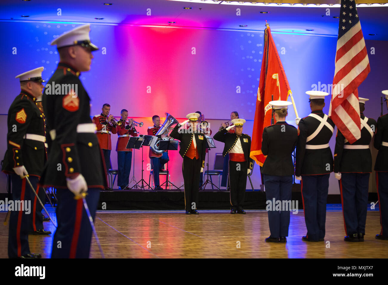 The Headquarters & Service Battalion Color Guard present colors during the Headquarters & Service Battalion Marine Corps Ball at the Renaissance Arlington Capitol View Hotel, Arlington, Va., Nov. 05, 2016. The ball was held in celebration of the Marine Corps’ 241st birthday. (U.S. Marine Corps photo by Pfc. Alex A. Quiles) Stock Photo