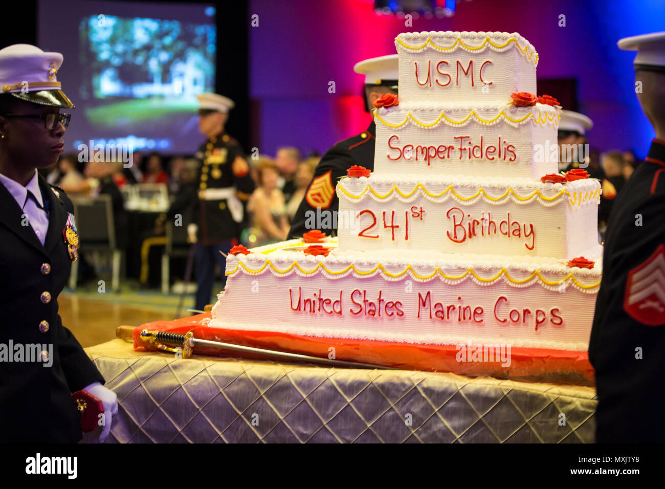 The cake detail retires the cake during the Headquarters & Service Battalion Marine Corps Ball, Renaissance Arlington Capitol View Hotel, Arlington, Va., Nov. 05, 2016. The ball was held in celebration of the Marine Corps’ 241st birthday. (U.S. Marine Corps photo by Pfc. Alex A. Quiles) Stock Photo