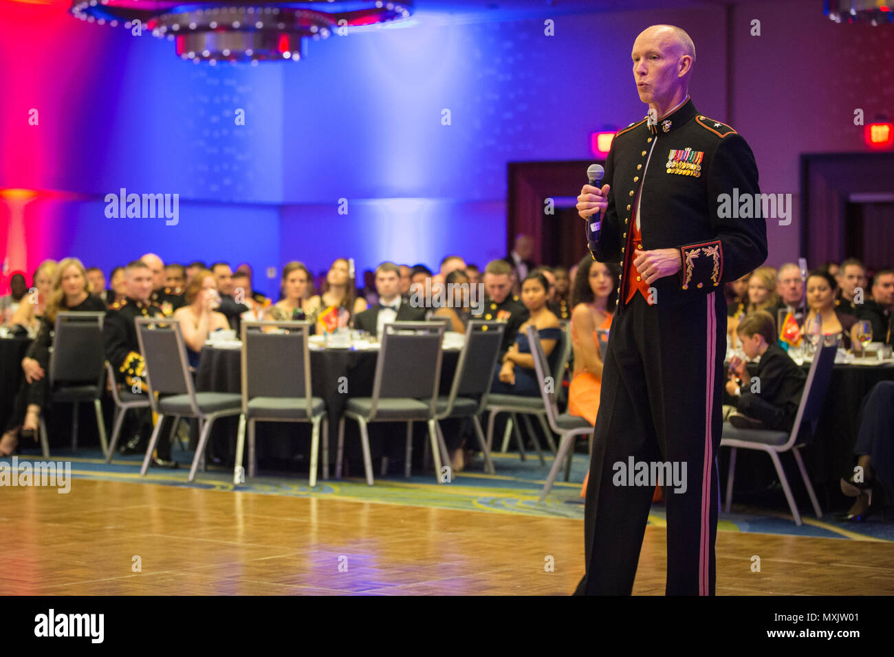 U.S. Marine Corps Brig. Gen. James F. Glynn, director, Office of United State Marine Corps Communication, gives remarks during the Headquarters & Service Battalion Marine Corps Ball at the Renaissance Arlington Capitol View Hotel, Arlington, Va., Nov. 05, 2016. The ball was held in celebration of the Marine Corps’ 241st birthday. (U.S. Marine Corps photo by Pfc. Alex A. Quiles) Stock Photo