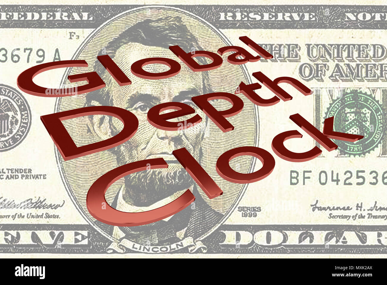 3D illustration of Global Debt Clock title on Five Dollars bill as a