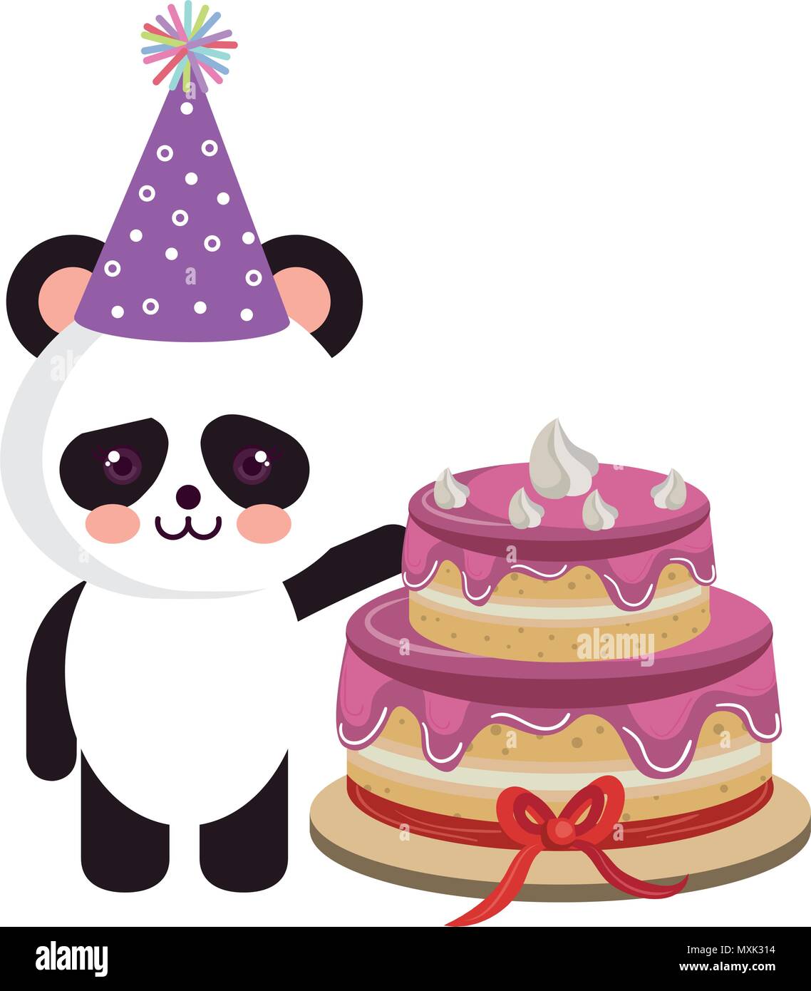 Poster Doodle panda cute cartoon happy birthday cake for decoration design.  Funny sweet vector bear with food icon. , panda-bär kawaii auto deko  ornament