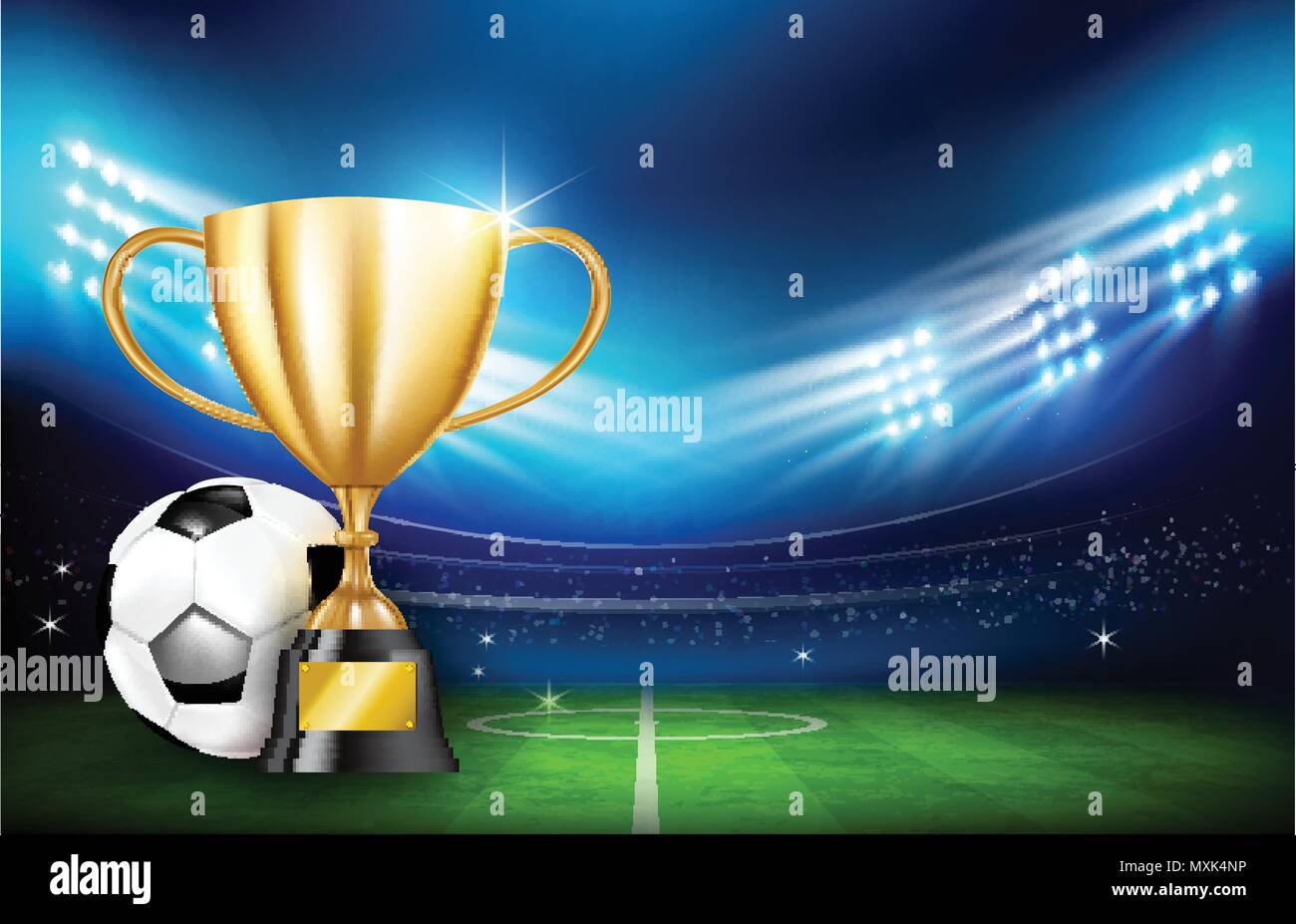 Golden trophy cups and Soccer ball football stadium greeen grass field