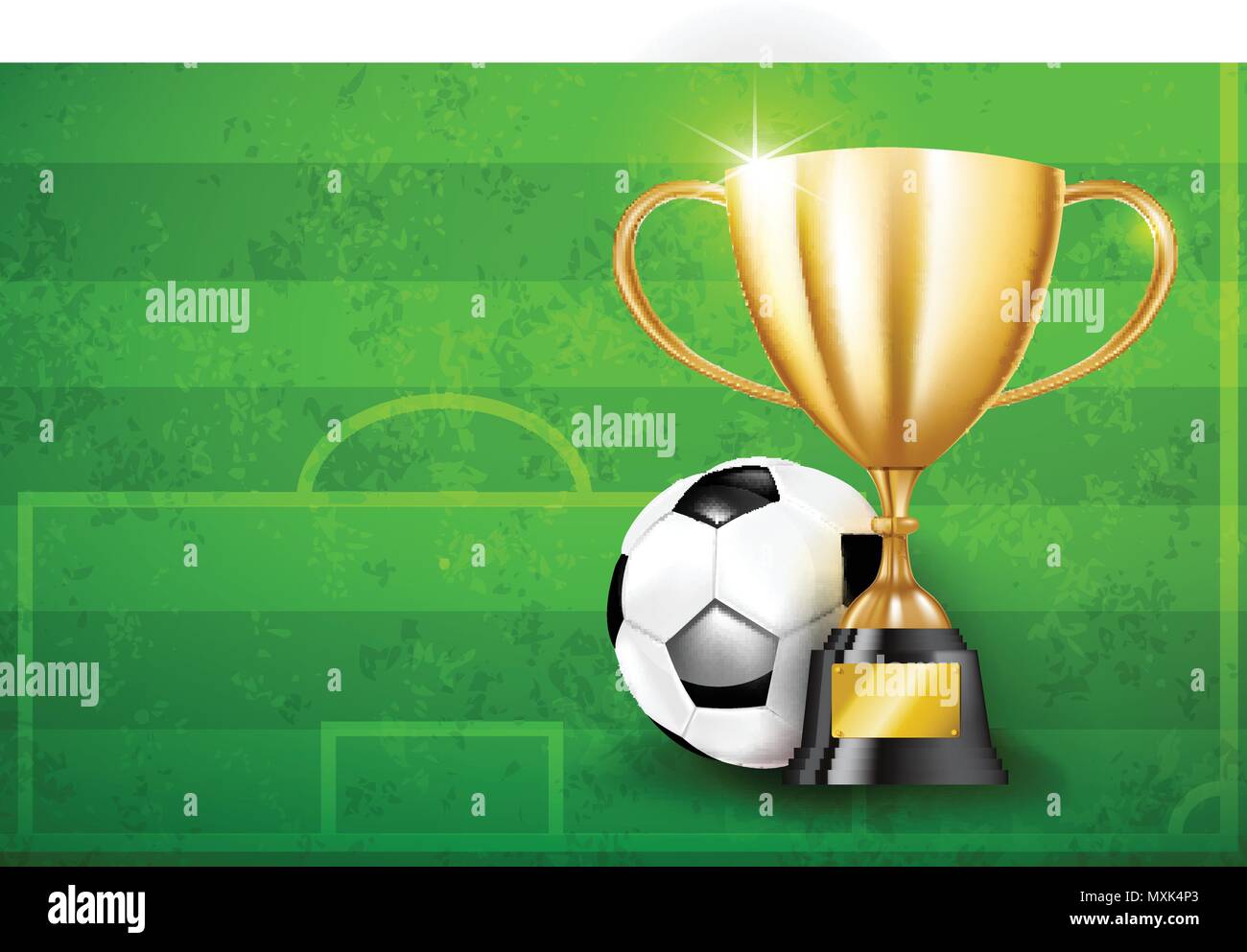 Golden trophy cups and Soccer ball football greeen grass field vector