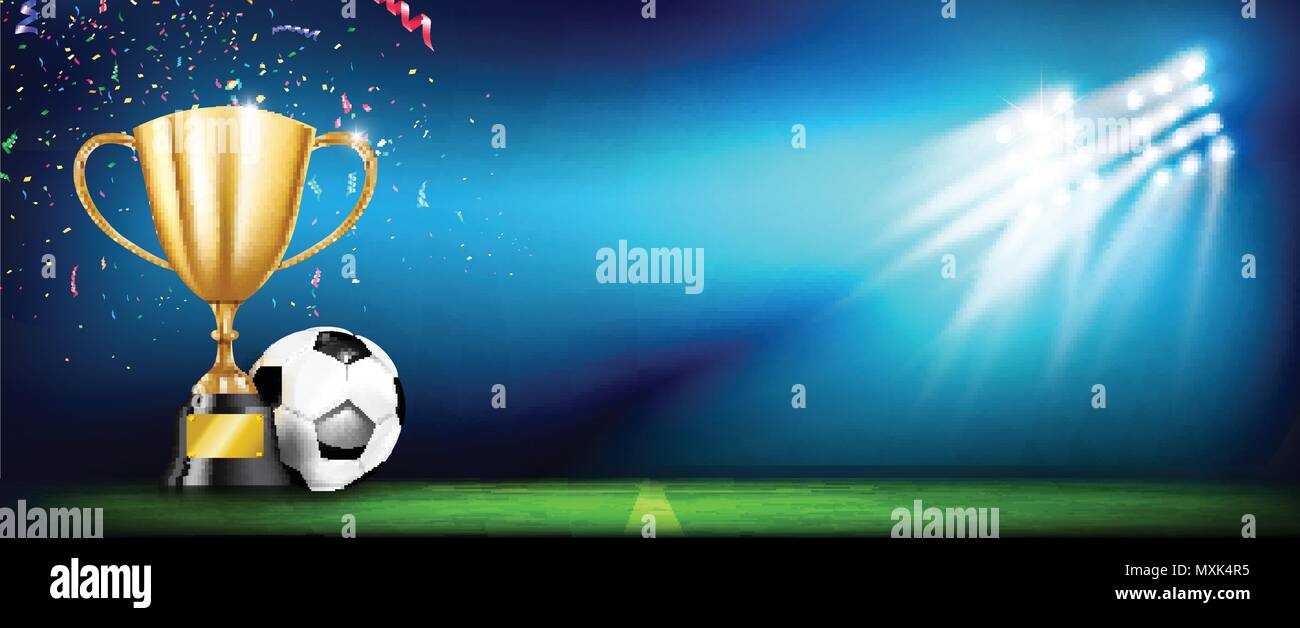 3D Golden trophy cups and Soccer Ball and football stadium greeen grass field with spot light at night time vector illustration, web banner ratio Stock Vector Image & Art - Alamy 3D Golden trophy cups and Soccer Ball and football stadium greeen grass field with spot light at night time vector illustration, web banner ratio Stock Vector Image & Art - Alamy