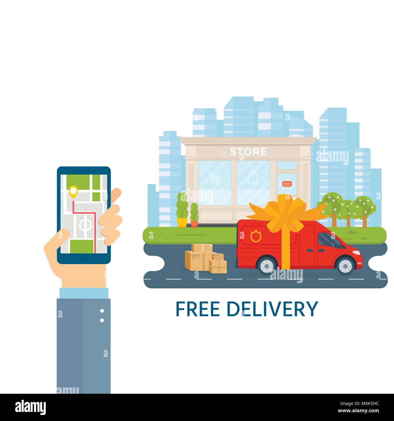 Flat style vector illustration free delivery service concept. Truck with box container,store,  shop shipping with sity background. Vector flat concept Stock Vector