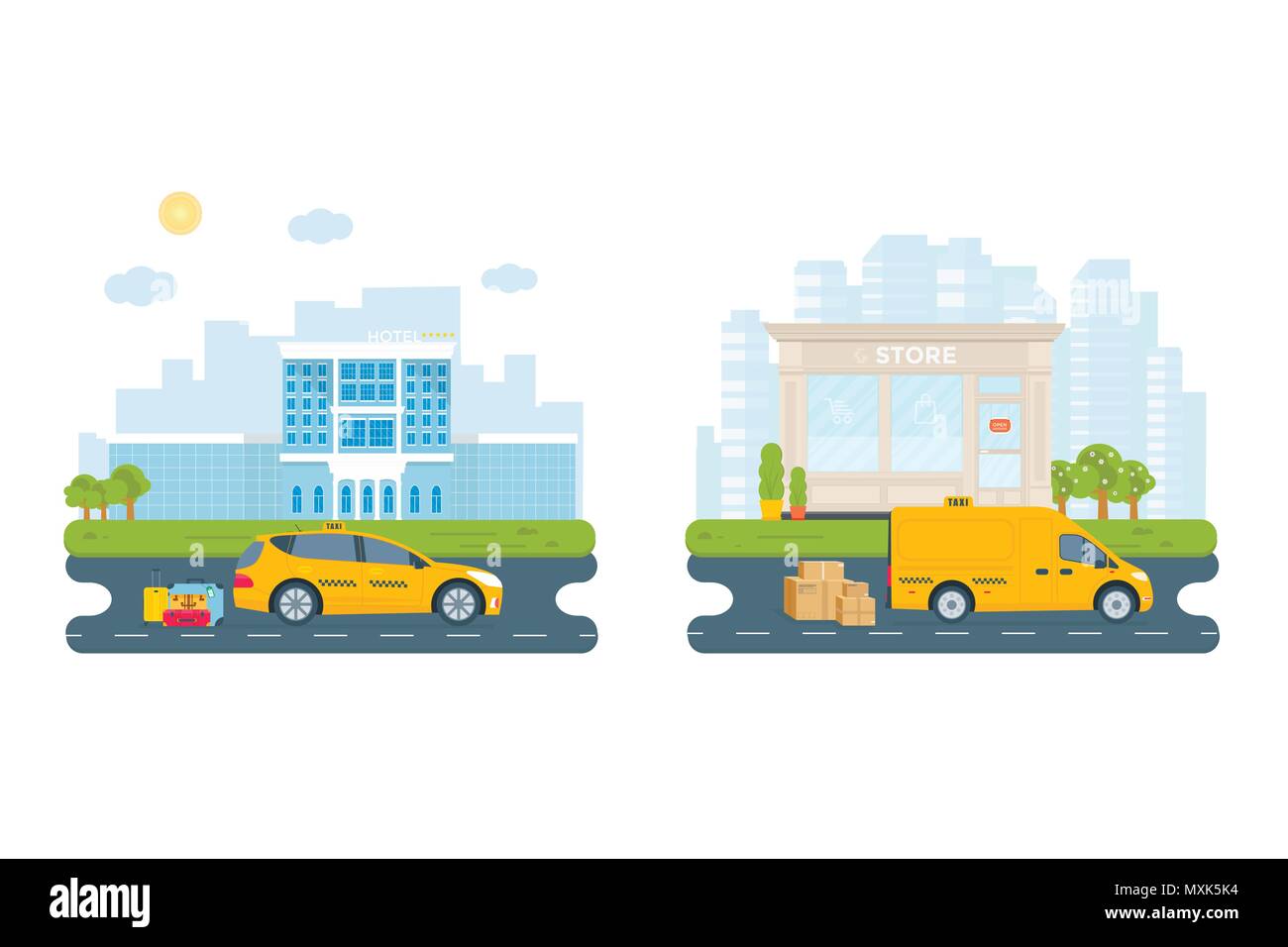 Banner with the machine yellow cab in the city. Public taxi service concept. Cityscape, airport, hotel, store on the background. Flat vector illustrat Stock Vector