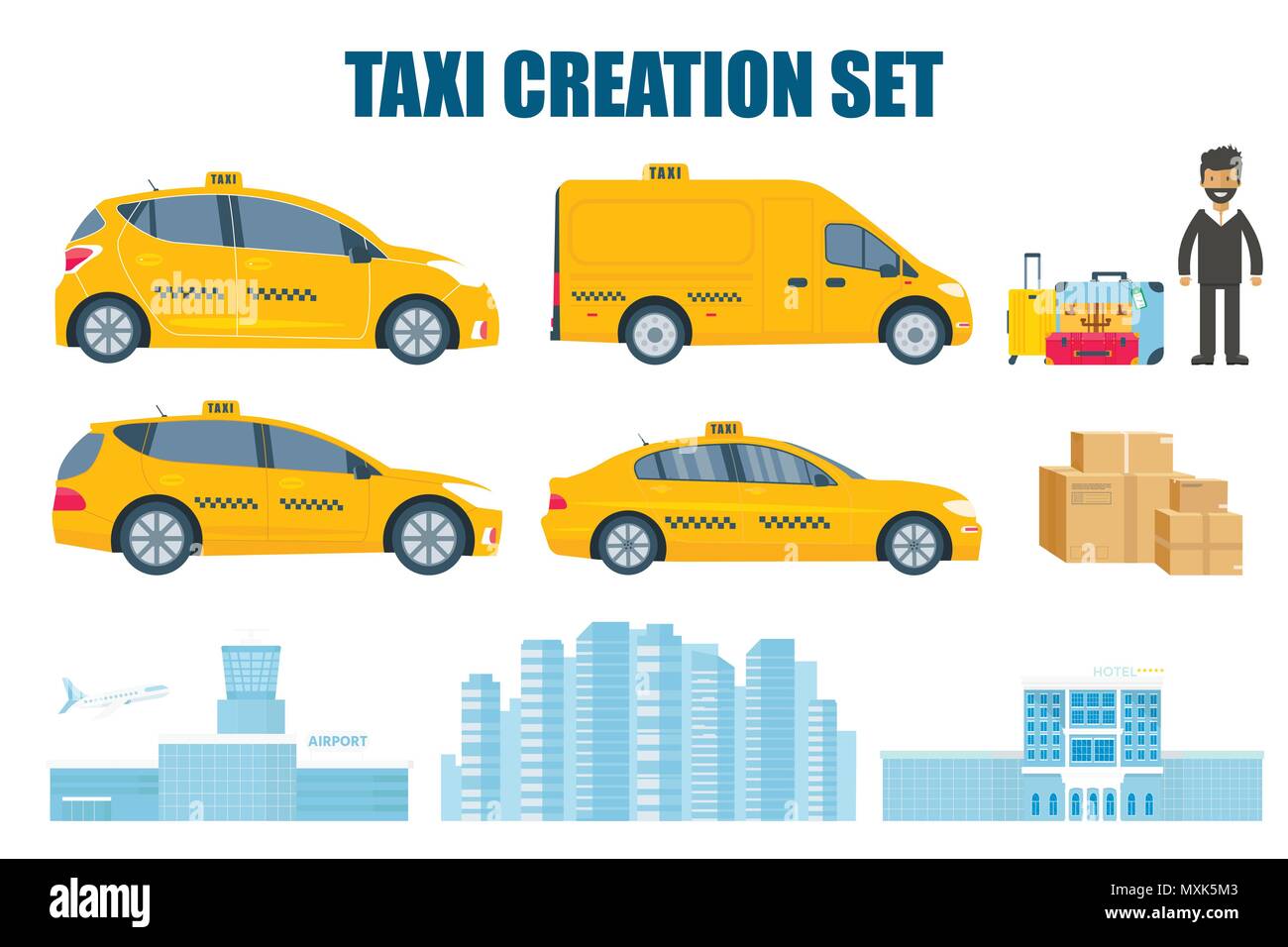 Taxi creation set with different type of machine yellow cab, driver, baggage, package, building of airport, city and hotel.  Flat vector illustration  Stock Vector