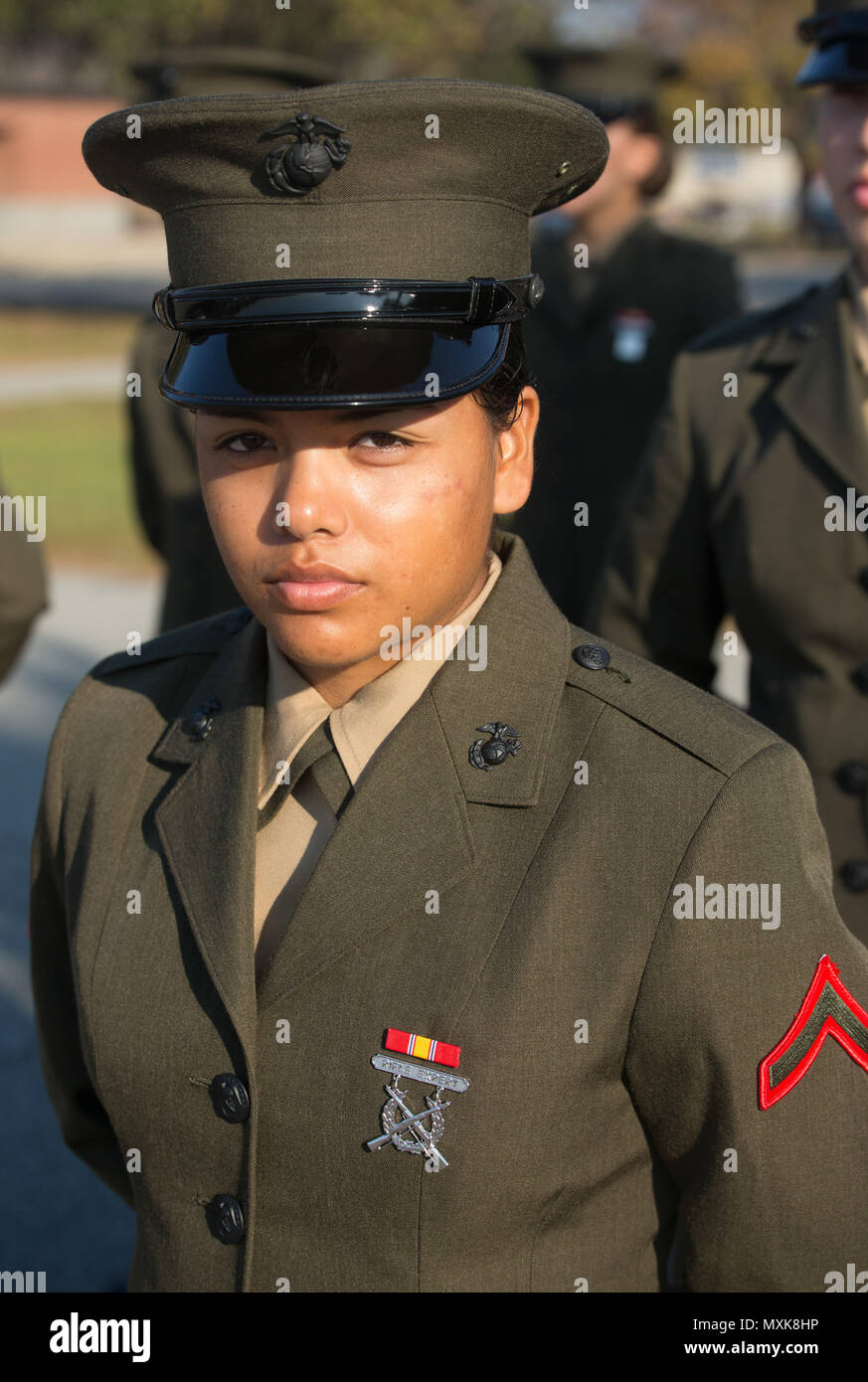 Pfc. Cassandra N. Rodriguez, the Oscar Company high shooter from Platoon 4040, scored 338 out of 350 points. Rodriguez graduated boot camp Nov. 18, 2016, and is from Parlier, Calif. (Photos by Lance Cpl. Maximiliano Bavastro) Stock Photo
