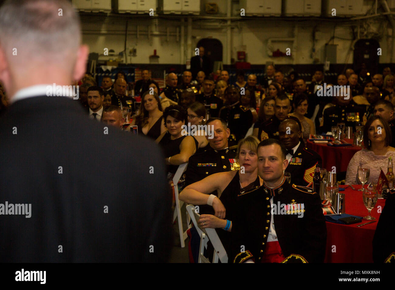 U.S. Marine Corps Gen. (Ret.) James Mattis addresses U.S. Service members guests, as the guest of honor, during the 1st Marine Divisions (MARDIV) 241st Marine Corps Birthday Ball upon the USS Midway (CV-41), aircraft carrier on Nov. 3, 2016. Staff Non-Commissioned Officers and Officers of the 1st MARDIV gathered at the USS Midway (CV-41) Museum to commemorate the U.S. Marine Corps 241st Birthday Ball. The 1st MARDIV is the most decorated unit throughout the Marine Corps being involved in every conflict since the battle of Belleau Wood to current day operations. (U.S. Marine Corps photo by Lanc Stock Photo