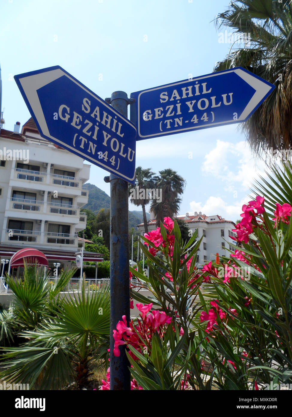 Road/street sign at a junction in Icmeler, Mugla province, Turkey Stock Photo