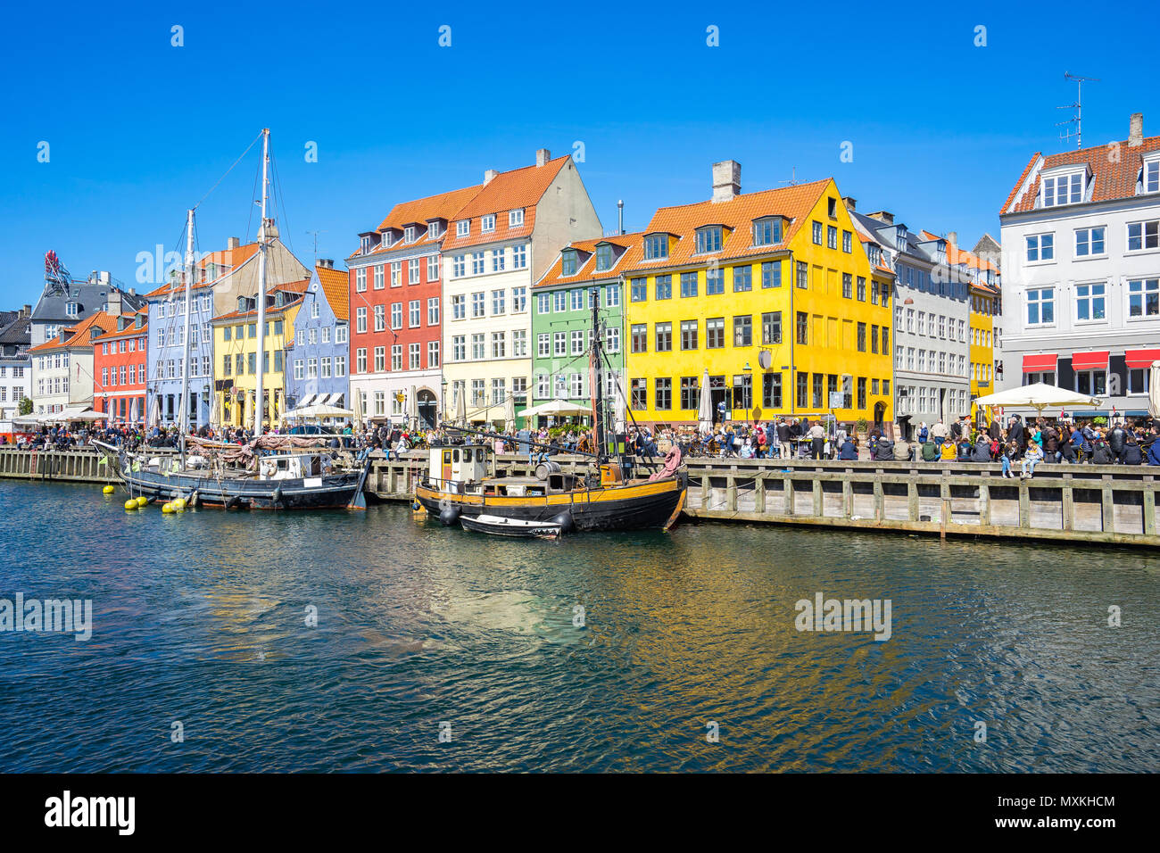 Nyhavn the waterfront canal in Copenhagen, Denmark. Stock Photo