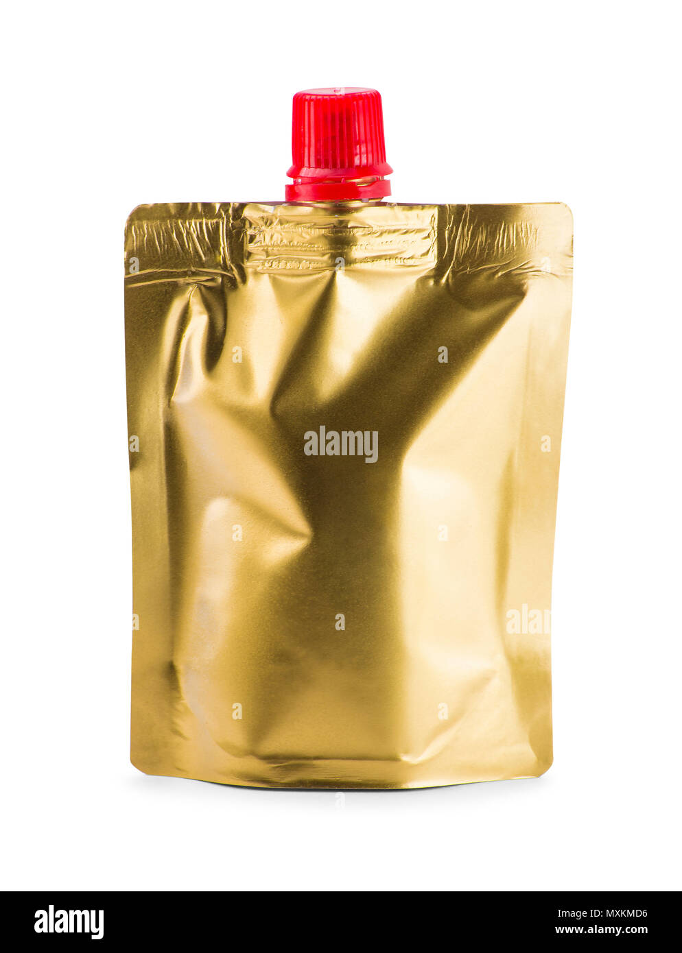 gold doy-pack on white background Stock Photo