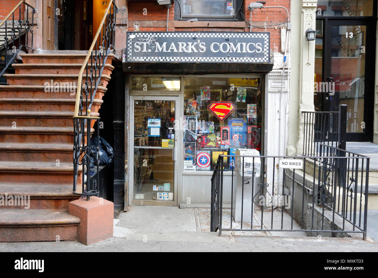 St. Mark's Comics, 11 St Marks Pl, New York, NY. exterior storefront of a comic book store in the East Village neighborhood of Manhattan. Stock Photo