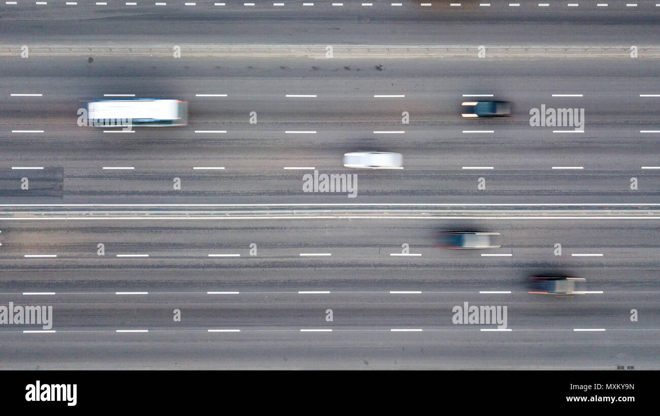 Aerial view from the drone directly above the road to the highspeed