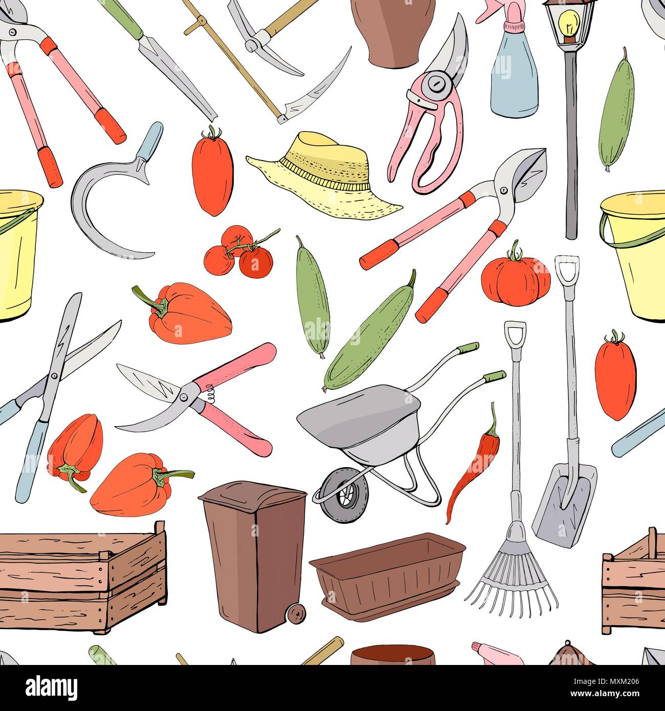 Seamless pattern with different objects and tools for gardening. Endless texture for season design Stock Vector