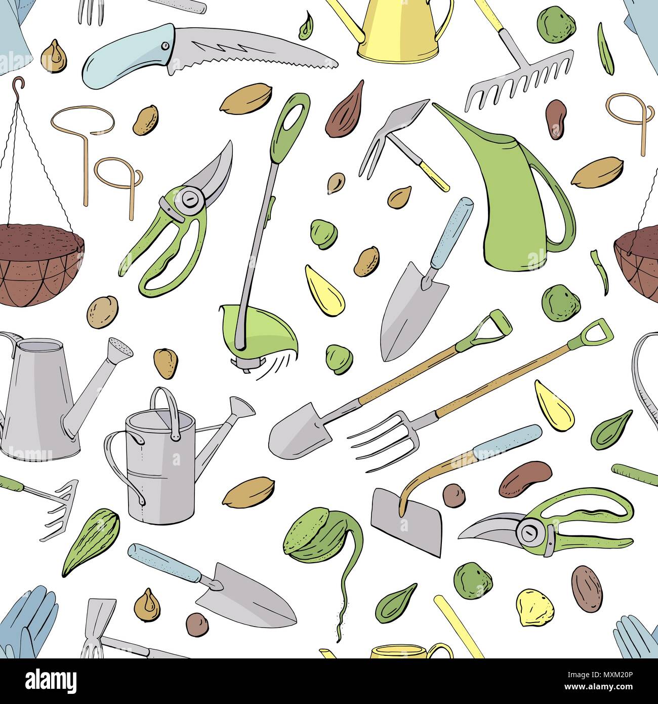 Seamless pattern with different objects and tools for gardening. Endless texture for season design Stock Vector