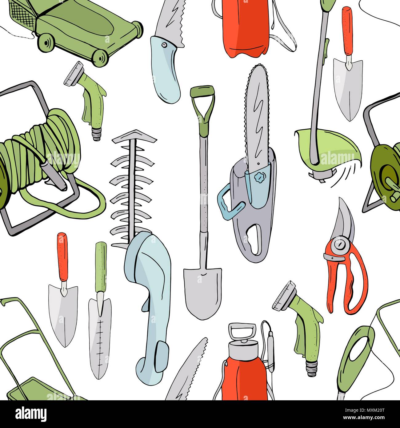 Seamless pattern with different objects and tools for gardening. Endless texture for season design Stock Vector