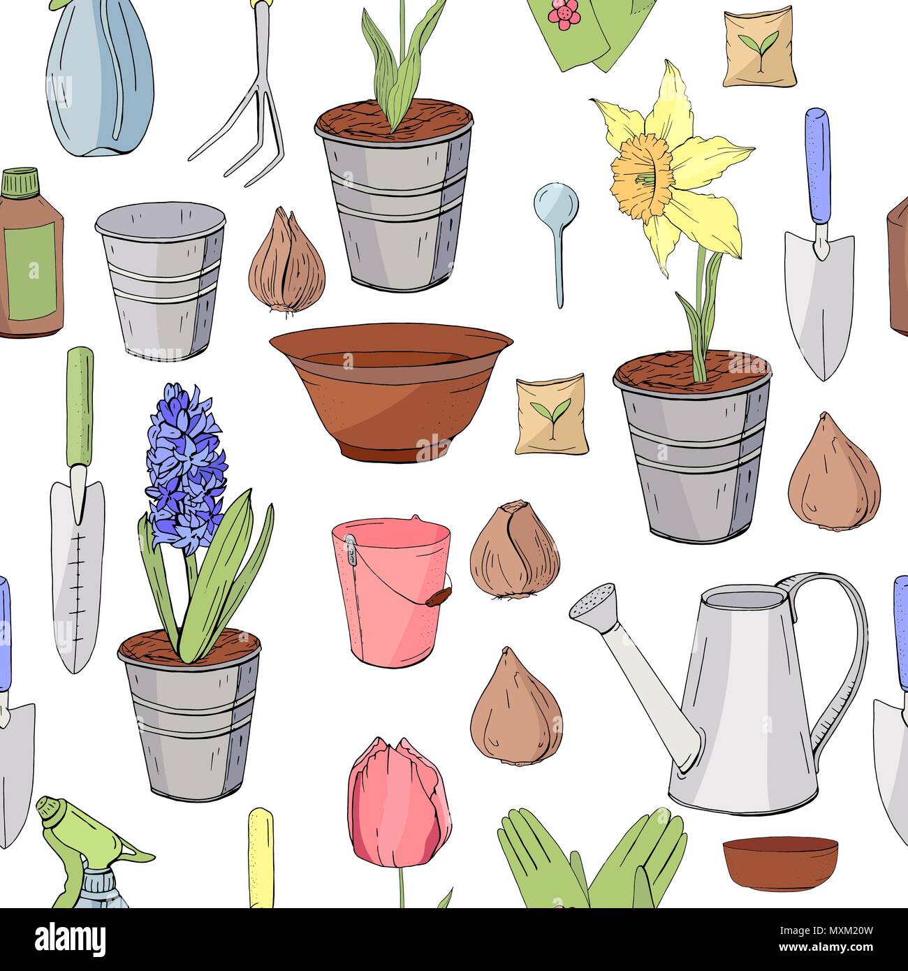 Seamless pattern with different objects and tools for gardening. Endless texture for season design Stock Vector