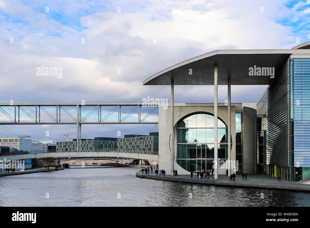 BERLIN, GERMANY - DEC 26, 2017: The "Marie Elisabeth Lueders Haus" building and the Spree river in Berlin. The modern building is part of the new parl Stock Photo
