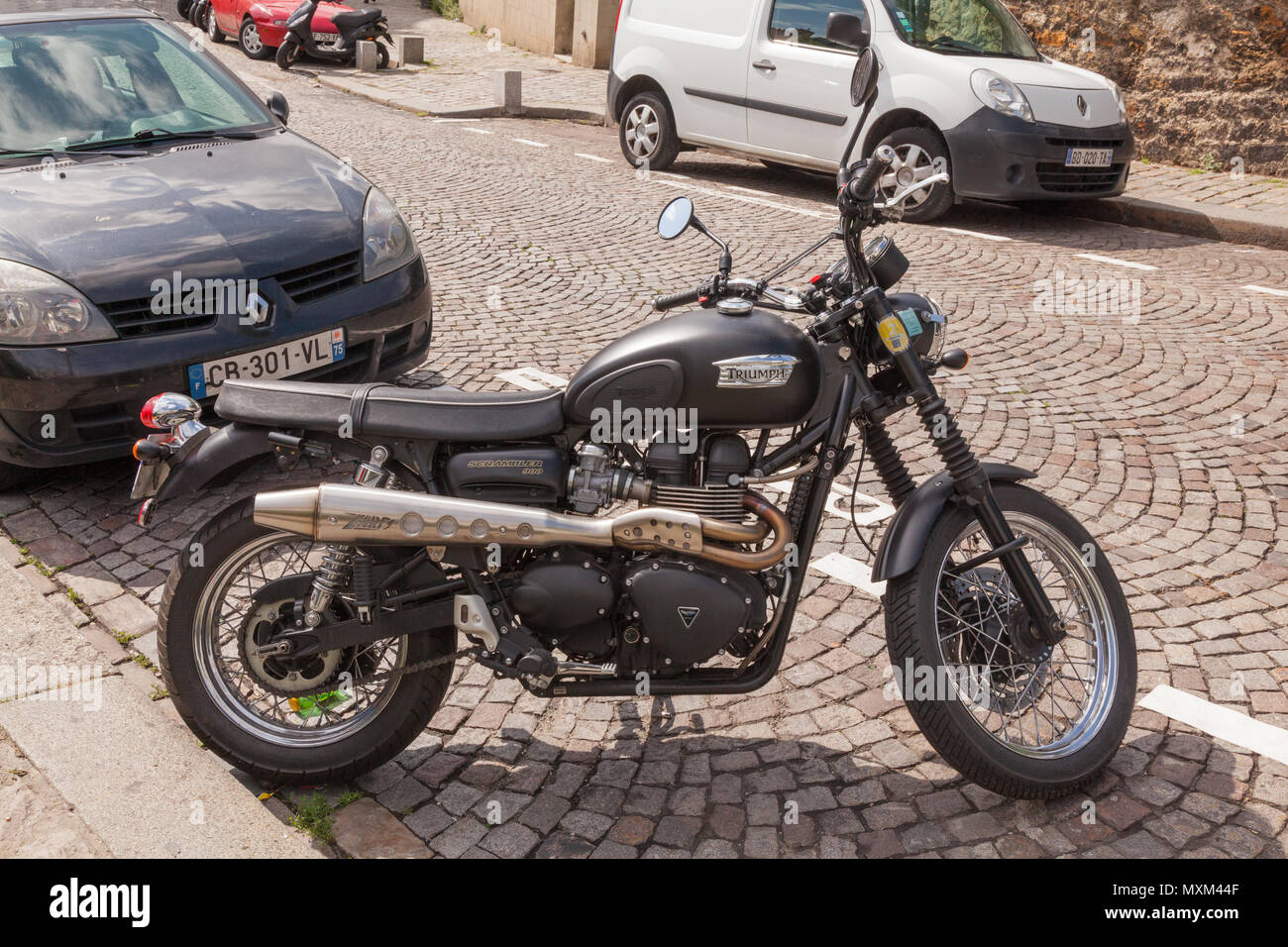 Triumph scrambler motorbike, Montmartre, Paris, France. Stock Photo