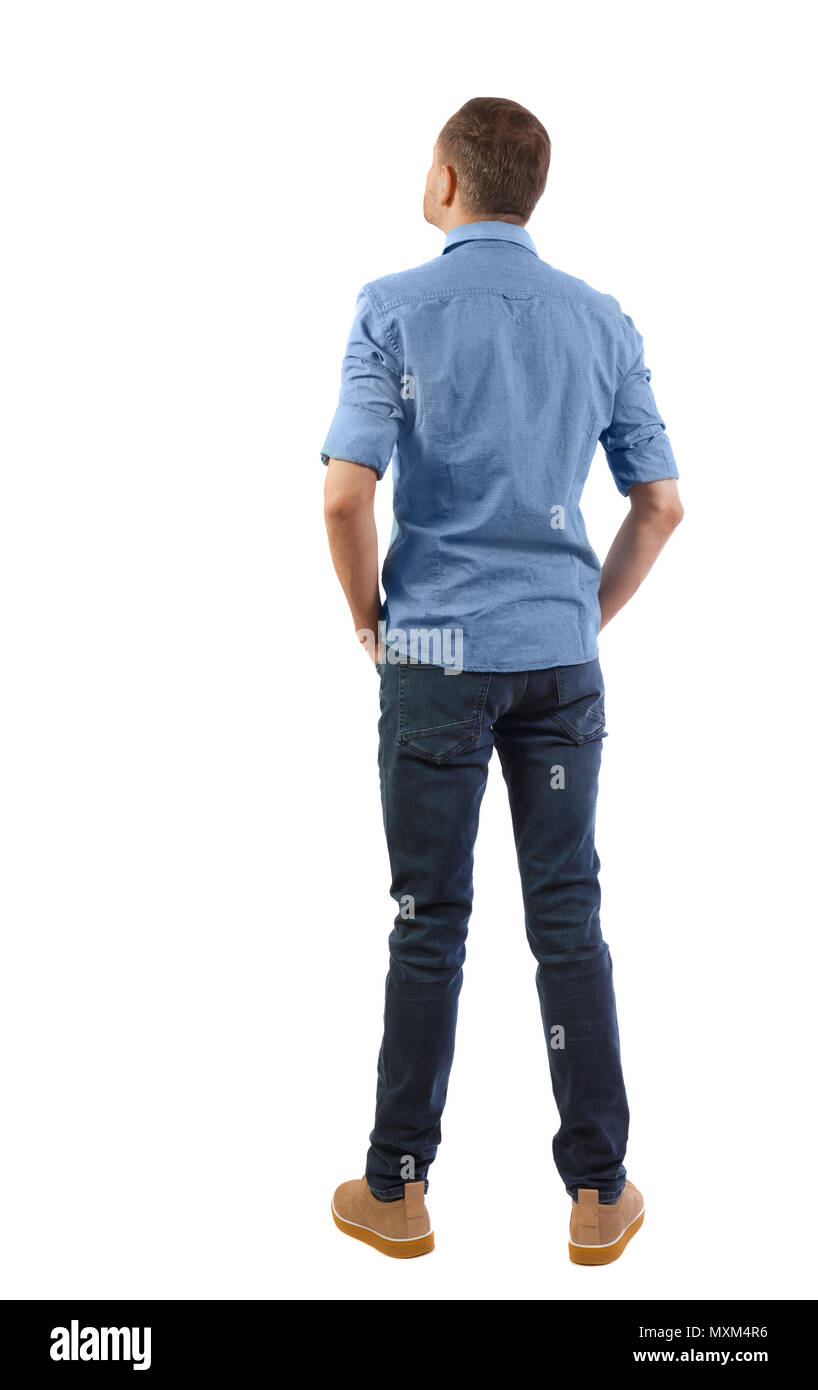 Back view of man in dark jeans. Standing young guy. Rear view people ...