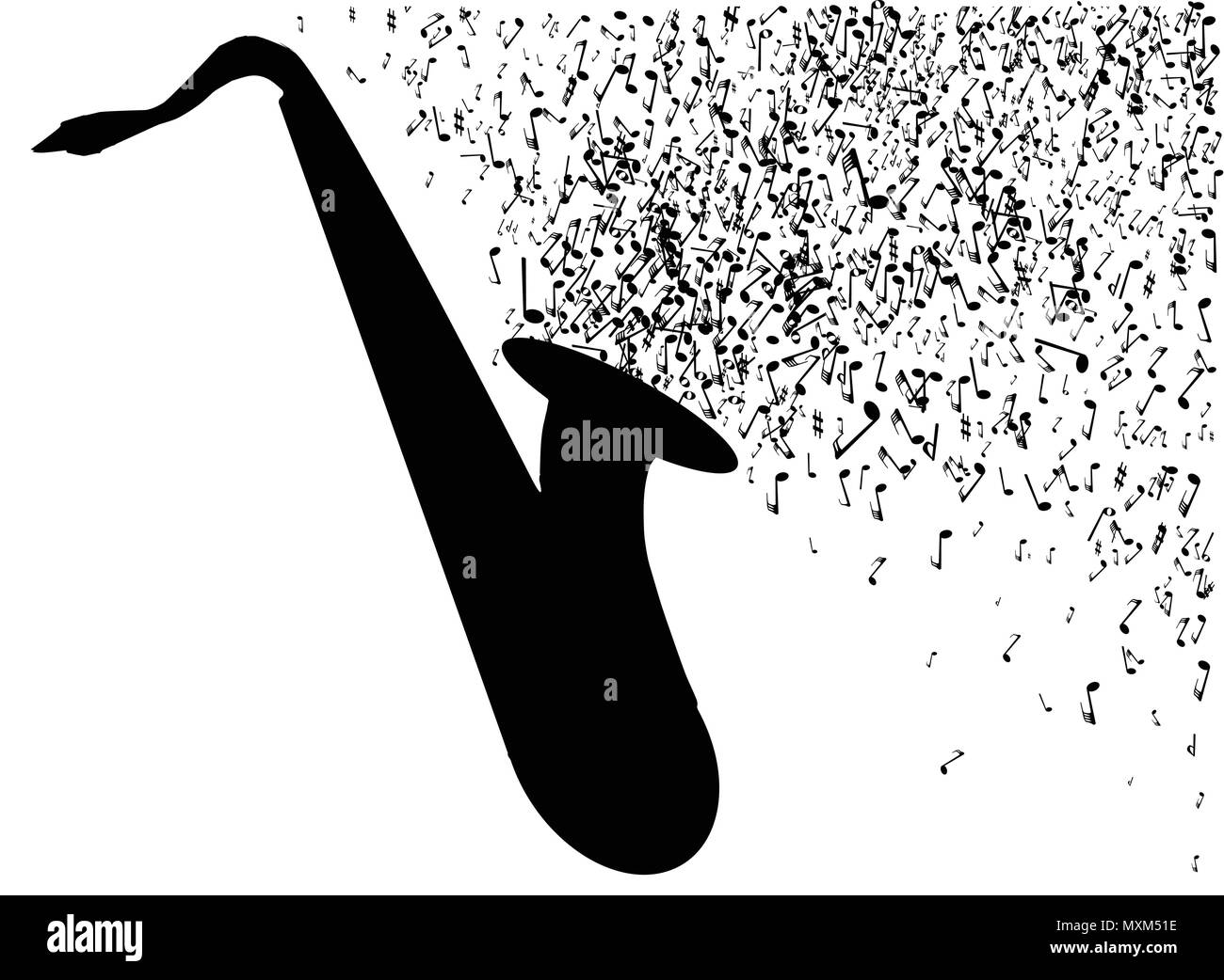 Silhouette of a saxophone with several black musical notes and icons pouring out all over a white background Stock Vector