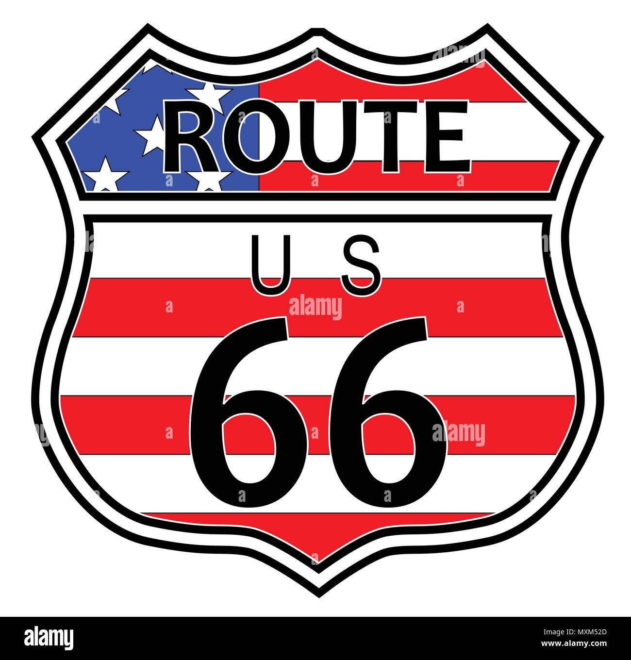 Route sixty six highway sign over a stars and stripes flag background on a white backdrop Stock Vector