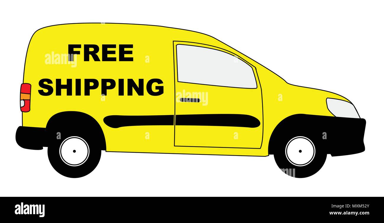 A small delivery van with text FREE SHIPPING isolated on a white background Stock Vector